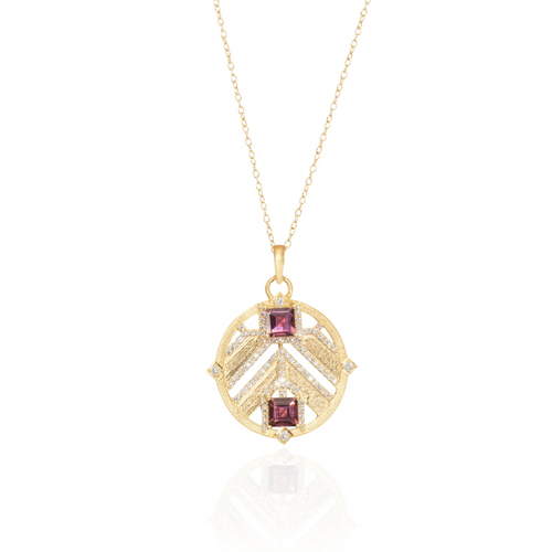Surya Pink Tourmaline Chevron Medallion Pendant  Necklace